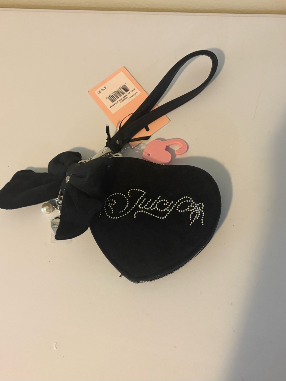 Juicy Couture Black Rhinestone Heart Wristlet with Bow